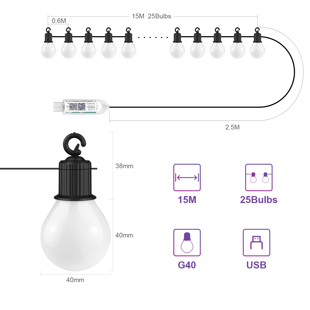 Smart G40 LED Bulb String Ligh - Smart Garden Festoon Lights 评论和价格
